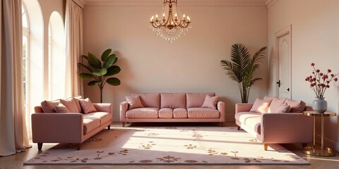 Serene Pink Living Room Interior Design with Elegant Crystal Chandelier and Soft Natural Light