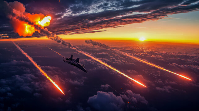 Fighter jet in dramatic sunset sky with explosions and missile trails