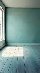 A serene, empty room with soft blue walls and natural light streaming through a window.