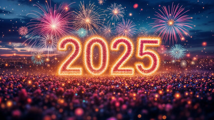 Sparkling 2025 New Year Celebration with Festive Fireworks Display Happy Background Illustration