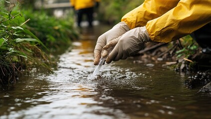Ecologists Collect Water Samples for Analysis to Assess Stream Health Carefully Outdoors