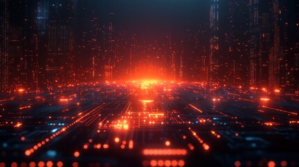 Obraz premium Futuristic city, glowing circuit board, digital landscape.