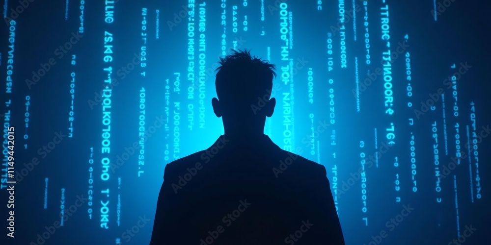 Poster anonymous silhouette blue digital code background cyber security data privacy