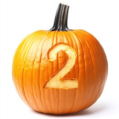 Number 2 carved in a pumpkin on a white background.
