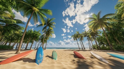 Serene Tropical Paradise with Surfboards on Sandy Beach