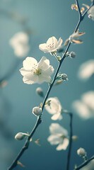 Delicate white flowers on branches against a soft blue background.