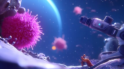 Scientist meticulously examining virus sample under microscope, emphasizing dedication and precision in medical research