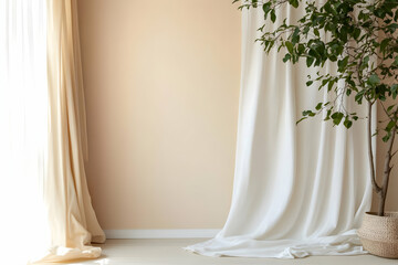 A serene indoor space featuring draped curtains and a potted plant against a soft wall.