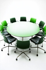 Fototapeta premium Modern round conference table surrounded by sleek green chairs on a white background, conveying a sense of organization and teamwork.