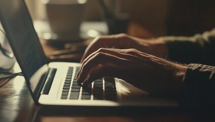 Hands Typing on Laptop Keyboard, Efficiently Working from Home Office, Productivity at Desk