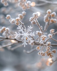 Close-up of a delicate, ice snowflake ornament adorning a frost-covered branch with bokeh lights in the background.