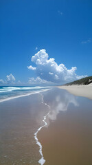 A serene beach scene with clear skies, gentle waves, and reflective sand.