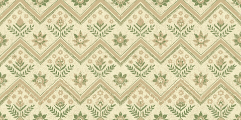 Elegant vintage floral pattern in soft greens and beige, showcasing intricate designs and textures.
