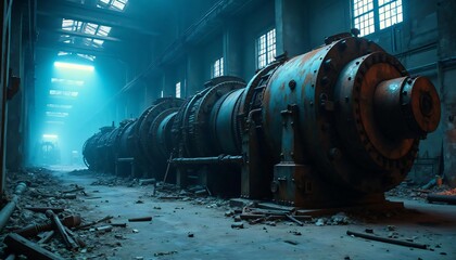 Abandoned Factory Interior Rusty Industrial Machinery Dark Blue Light