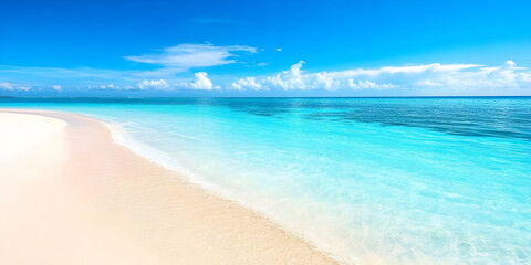 Obraz premium Serene beach with turquoise waters and white sand under a clear blue sky.