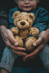 Protective Custody: A Guardian's Strong Hold Ensuring Security and Comfort for Innocent Youth through a Shared Teddy Bear