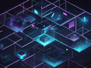 Obraz premium An isometric 3D grid with glowing geometric shapes and futuristic metallic textures