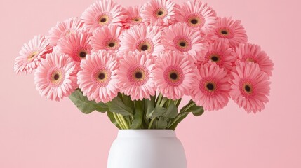 Fresh Pink Gerbera Daisies in White Vase Against Soft Pink Background