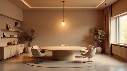 Serene Minimalist Interior Design Featuring a Round Wooden Table and Modern Cream Chairs in a Warm-toned Room with Natural Light