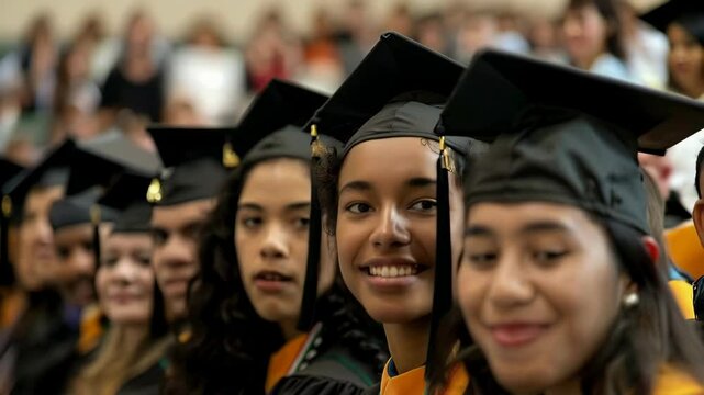A group of multiethnic students in black gowns and caps, smiling at the camera during their graduation ceremony