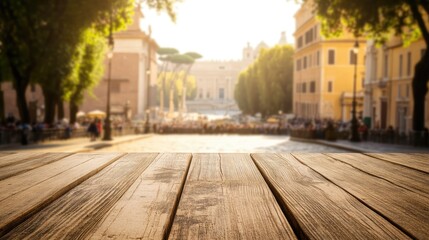 The empty wooden table top with blur background of Rome.