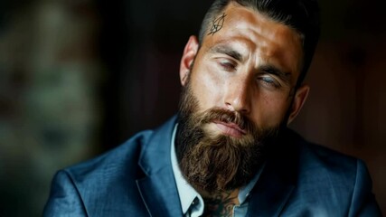 A handsome, muscular man with a beard and tattoos wearing a suit and looking serious in a professional photography style - Powered by Adobe