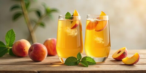 Refreshing Peach Iced Tea with Mint Garnish in Tall Glasses on Wooden Surface