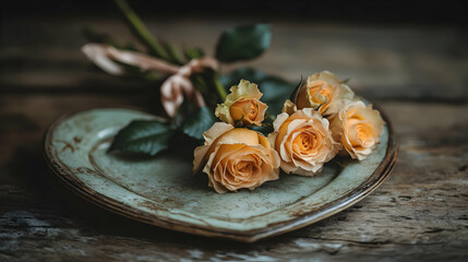 Peach Roses on Heart Plate Still Life Photography