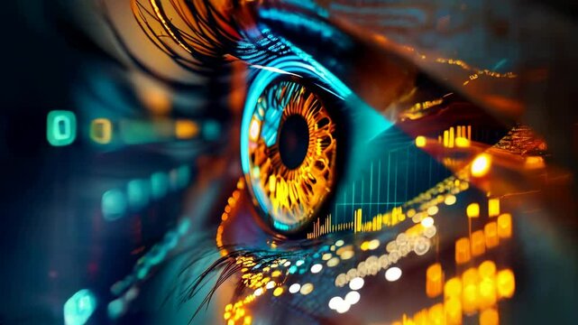 A close-up of an eye with stock market charts reflected in the iris, symbolizing their gaze into financial trends and crashroom growth areas.