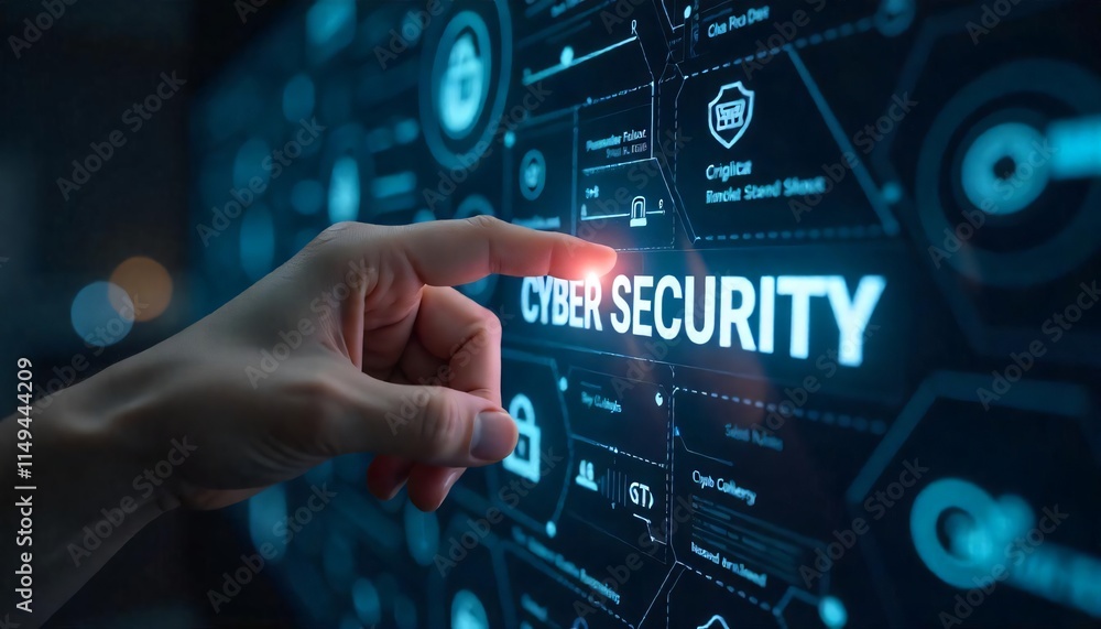 Aufkleber cyber security digital hand interacts with data interface