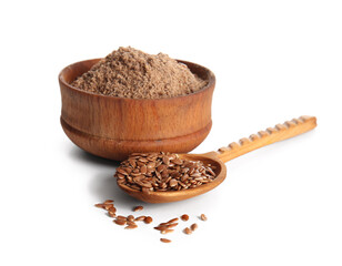 Bowl of flax flour and wooden spoon with seeds on white background