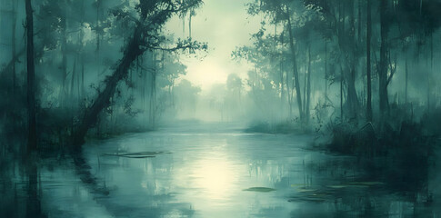 A serene, misty landscape with a calm waterway surrounded by trees and soft light.