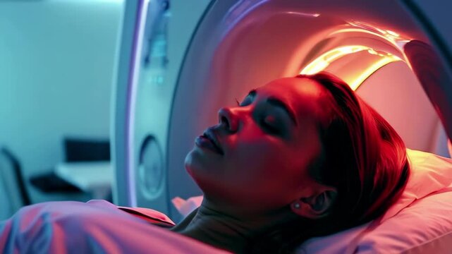 A woman is lying on the bed in an MRI scanner, with light shone onto her head in a style influenced by a futuristic sci-fi aesthetic