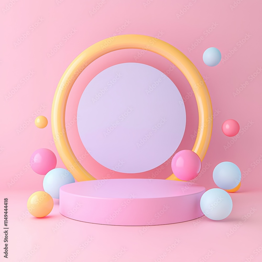 Poster Soft Pastel Background with Geometric Shapes and Round Platforms in a Creative Setting