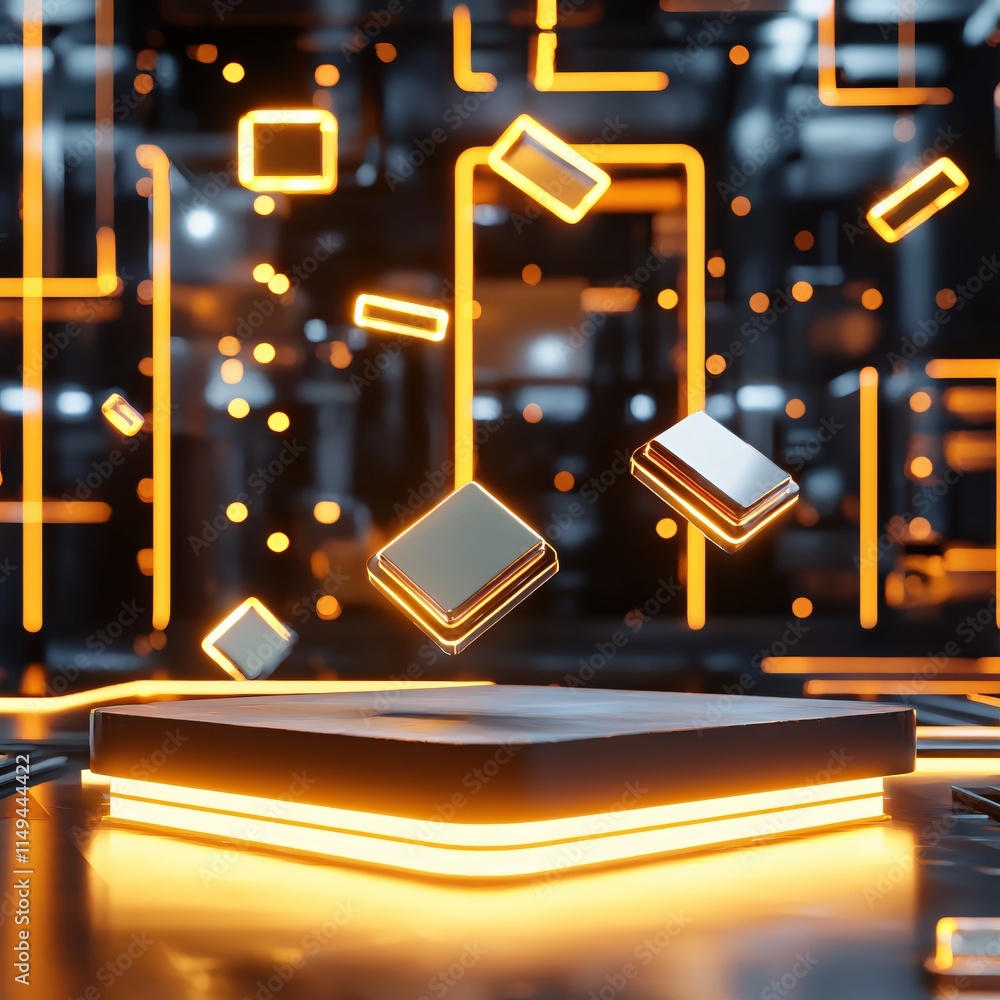Poster futuristic abstract background with glowing shapes and cubes in digital environment