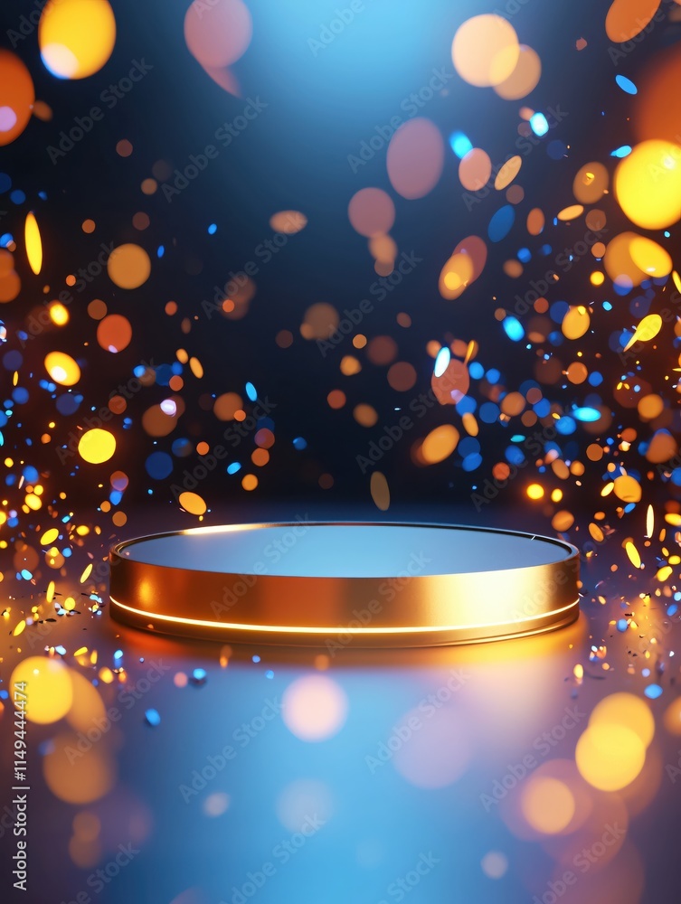 Poster Bright Circular Platform Surrounded by Colorful Bokeh Lights and Sparkles