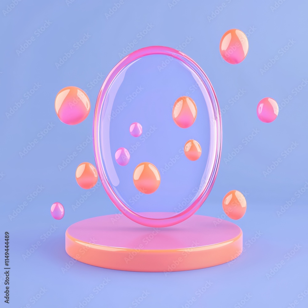 Poster colorful 3d render of glass sphere with floating droplets on blue background