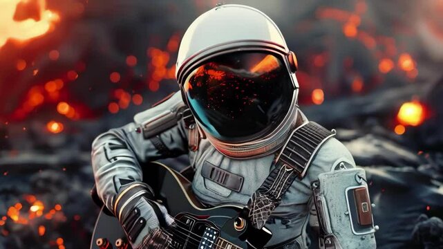 A futuristic robot astronaut playing an electric guitar on the planet end Girlfriend, lava and ash in background