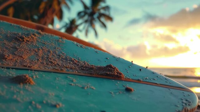 A row of surfboards lined up on the beach, with palm trees and waves in the background