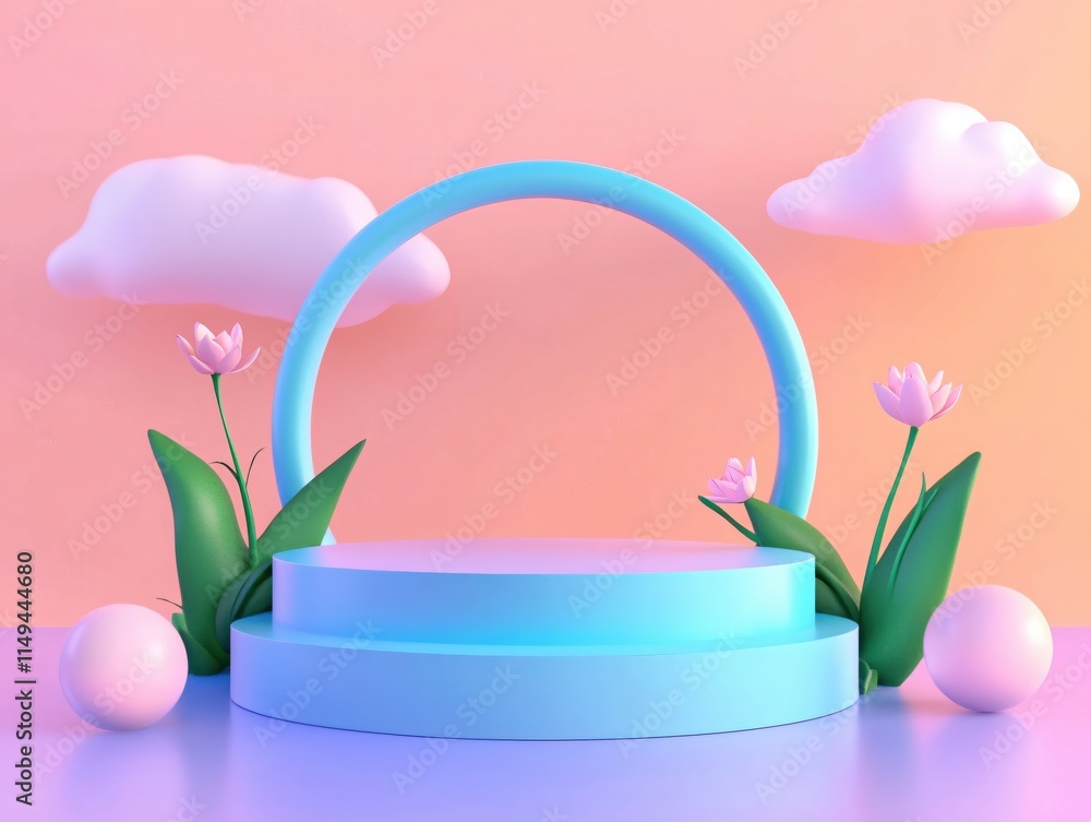 Poster Calm and Colorful Stage with Floral Elements and Soft Clouds in Modern Design