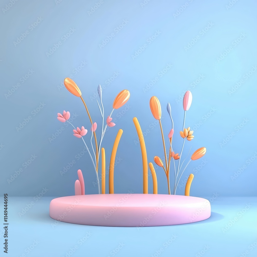 Poster modern minimalist display with colorful flowers on a soft blue background
