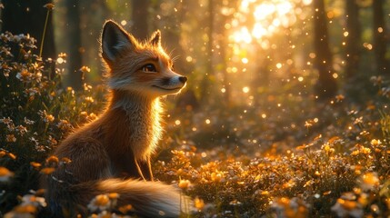 Golden hour fox, flowers, magical forest.