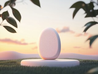 Serene Modern Sculpture on a Podium at Sunset Surrounded by Lush Greenery