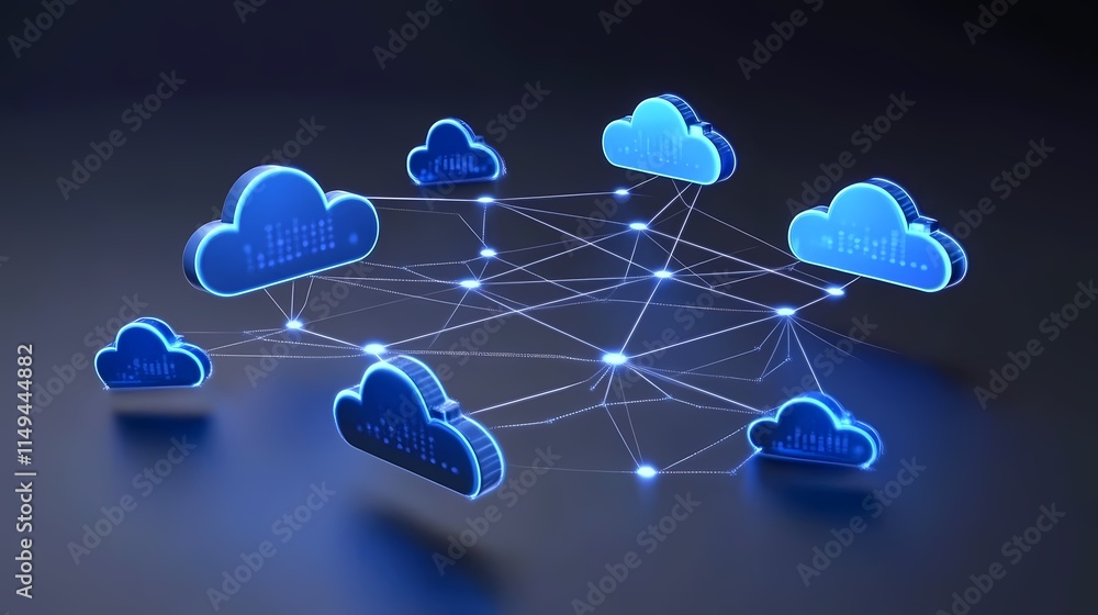 Poster Digital Cloud Network Concept with Connected Blue Clouds and Data Streams