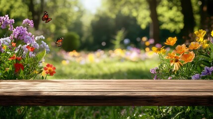 Vibrant Garden with Blooming Flowers and Butterflies in Natural Sunlit Landscape