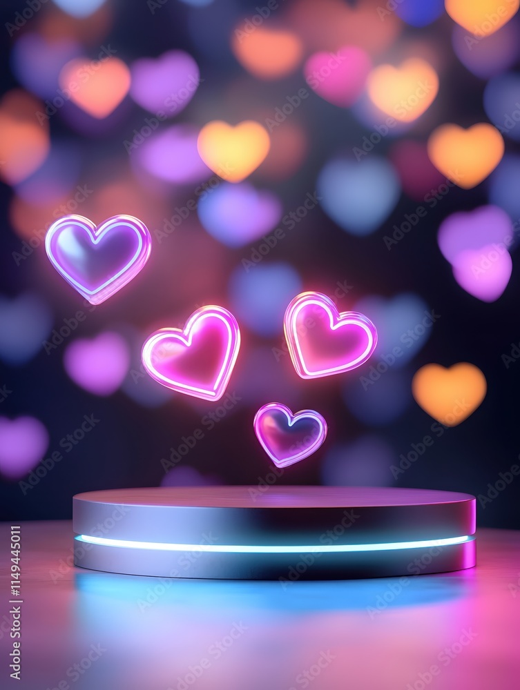Poster colorful heart shaped neon lights floating above round display stand in soft background
