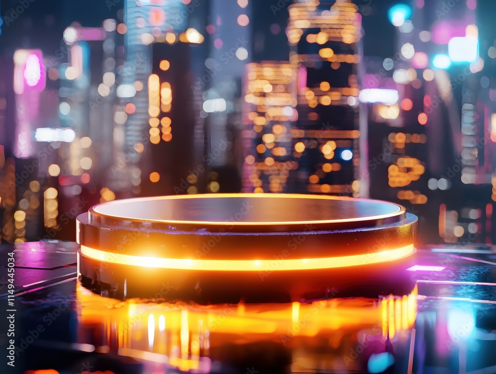 Poster futuristic urban background with neon lights and round platform for display