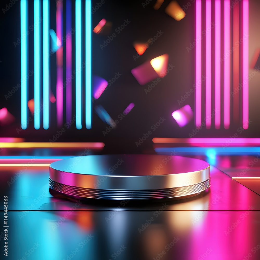 Poster Vibrant Neon Lighting with Reflective Surface and Geometric Shapes in Futuristic Setting