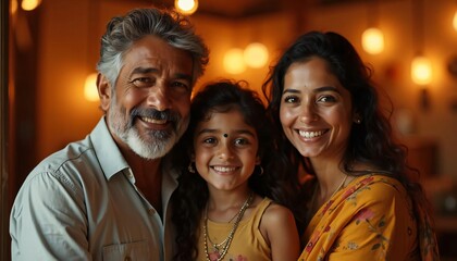 Happy Indian Family Portrait Parents and Child Smiling Together