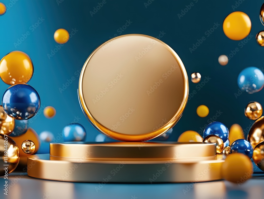 Poster Elegant Gold Circle on Platform Surrounded by Colorful Floating Bubbles and Orbs